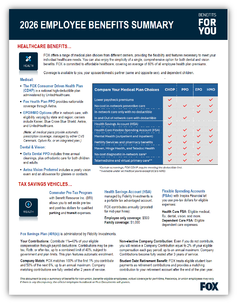 PDF of the Employee Benefits Summary for Fox comparing options