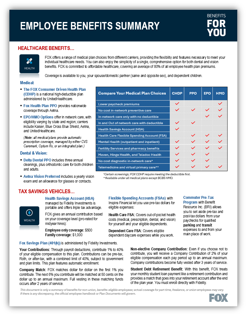 PDF of the Employee Benefits Summary for Fox comparing options